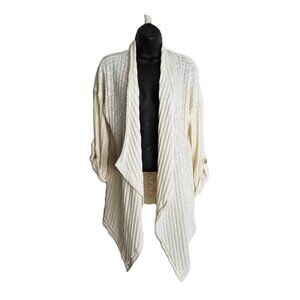 Artesia Crochet Lace Back Cardigan M Cream Ribbed Boho Cottagecore Open Front